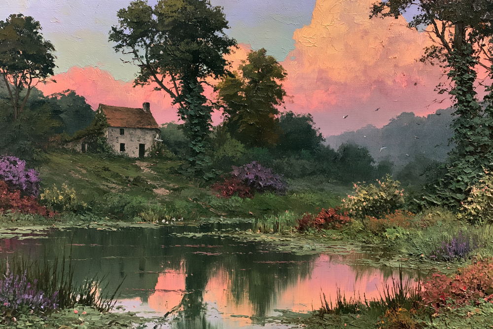 Farmhouse at sunset above a pond, sky turning pink