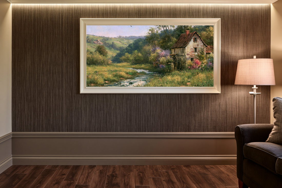 A wide WendMeadow print in a gold frame on a warm wood-panelled wall